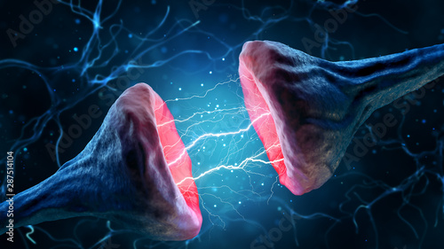 Illustration of synapse and neuron on a blue background.