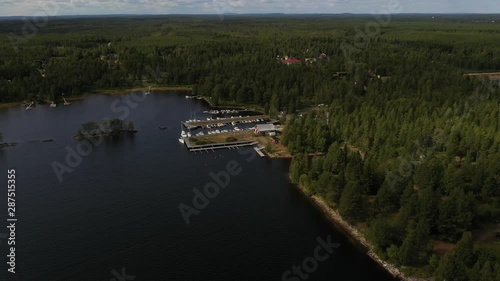 Drone footage flying over water towards a small marina on a beautiful Swedish summer day. Filmed in realtime. photo