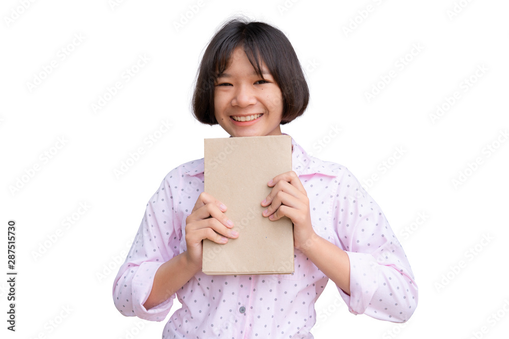 Asian student with a book on white background.