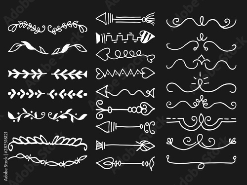 Hand drawn vector borders, dividers. Lines, arrows, leaf and laurels set. Doodle design elements. white on black background