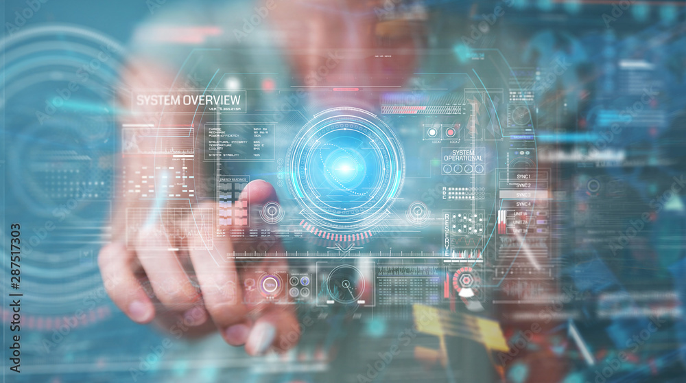 Woman using digital technological interface with datas 3D rendering Woman using digital technological interface with datas 3D rendering