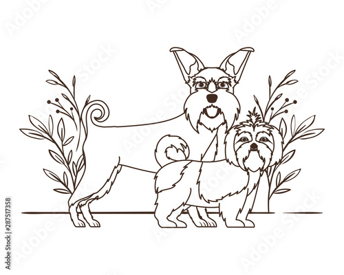 silhouette of cute and adorable dogs with leaves background