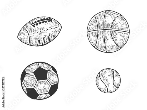 Sports balls football soccer tennis basketball set sketch engraving vector illustration. Tee shirt apparel print design. Scratch board style imitation. Black and white hand drawn image.