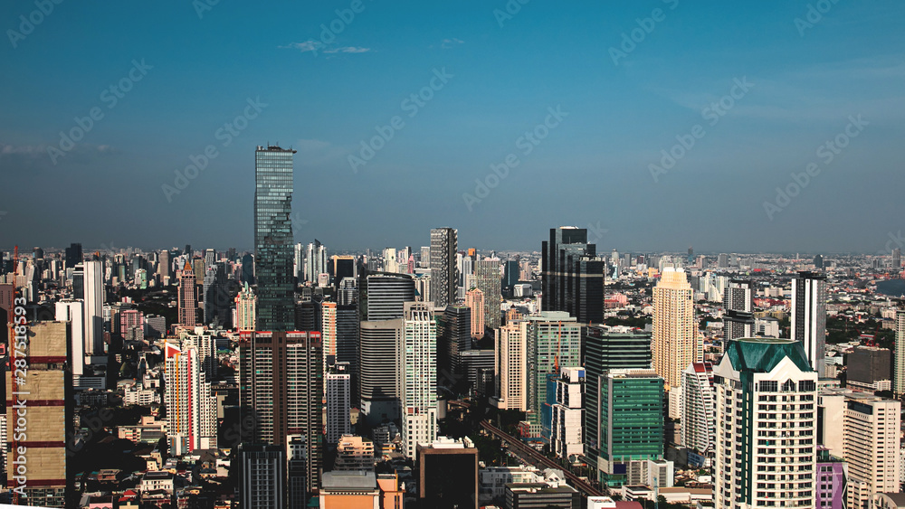 Bangkok City - Aerial view beautiful sunrise Bangkok city downtown skyline of Thailand , cityscape at night , landscape Bangkok Thailand