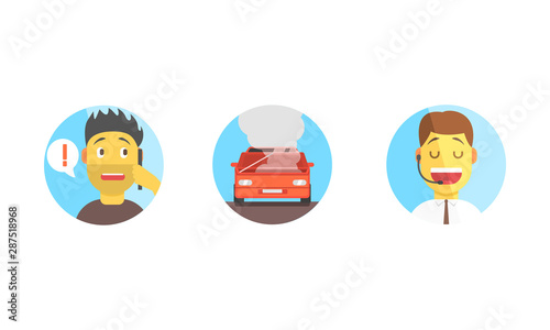 Car Assistance Help, Call Operator Support, Phone Dispatcher Center, Evacuation Service Vector Illustration