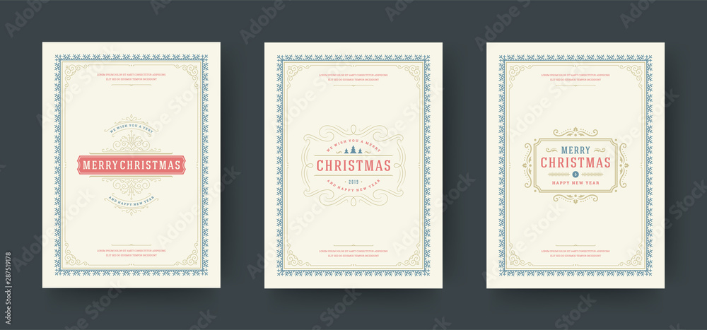 Christmas greeting cards vintage typographic design, ornate decorations, winter holidays wishes and flourish frames.