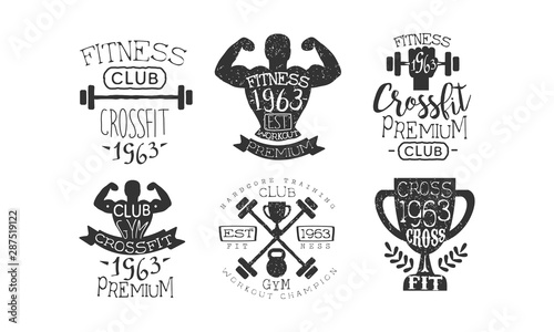 Crossfit Club Retro Labels Set, Fitness Workout Premium Emblems Vector Illustration
