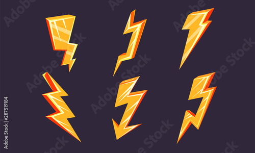 Lightning Bolt Symbols Set  Bright Yellow Thunderbolts Icons Vector Illustration