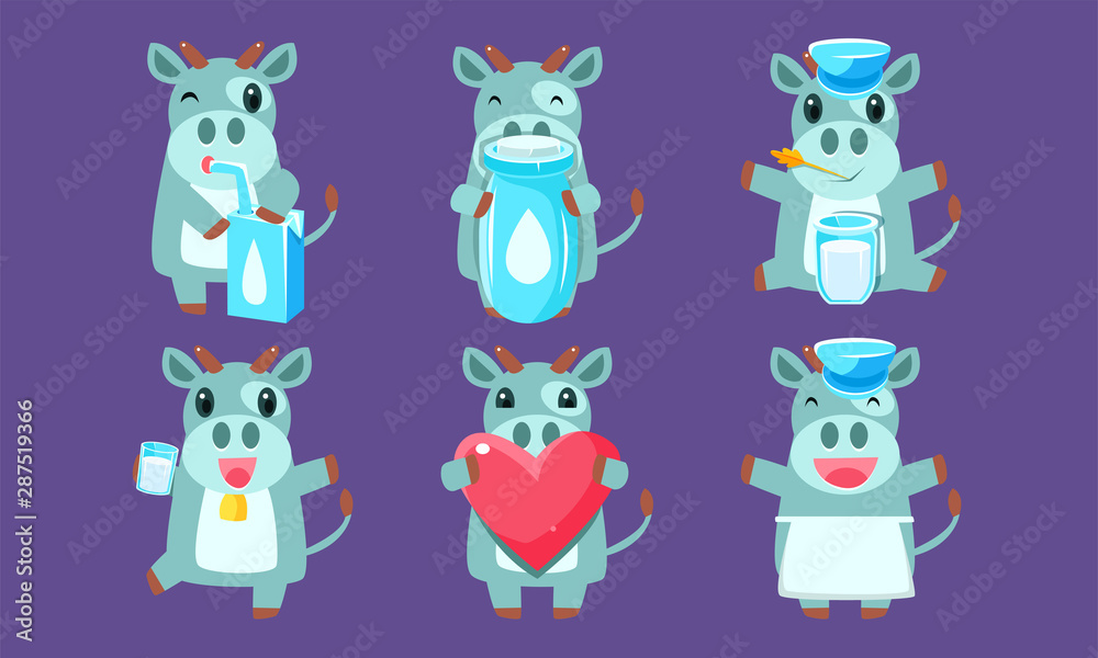 Cute Cow Character Set, Adorable Cheerful Farm Animal in Various Action Poses Vector Illustration Cute Cow Character Set, Adorable Cheerful Farm Animal in Various Action Poses Vector Illustration
