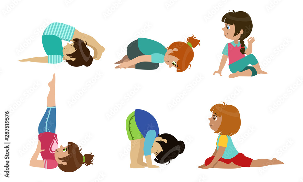 Cute Kids Performing Yoga Exercises Set, Physical Activity and Healthy Lifestyle Vector Illustration