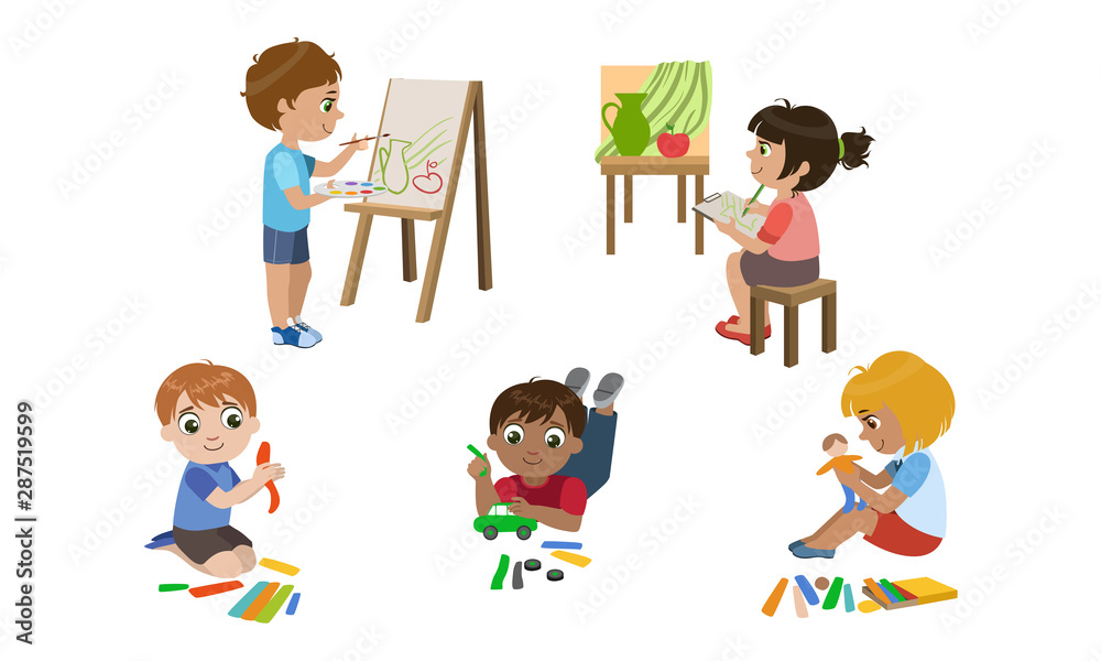 Creative Kids Set, Cute Boys and Girls Painting, Modelling from Plasticine, Childrens Education, Development Vector Illustration