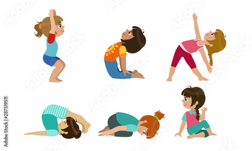 Cute Kids Performing Gymnastics And Yoga Exercises Set, Physical Activity and Healthy Lifestyle Vector Illustration