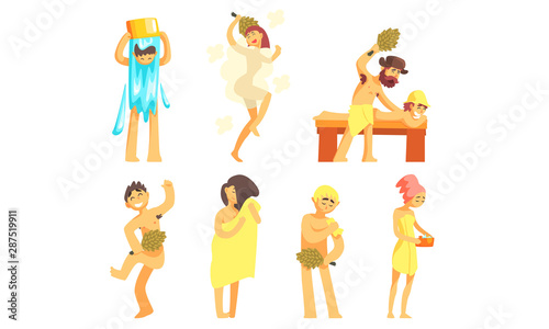 People Bathing in Sauna or Bathhouse Set, People Enjoying Hot Steam Procedures Vector Illustration