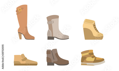 Male and Female Shoes Set, Footwear for Autumn or Winter Seasons Vector Illustration