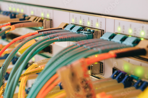 There are many optical patchcards in the data center server room. Telecommunications cables are connected to the main server. Internet wires are connected to the central router interfaces.
