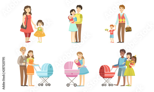 Parents Daily Routine Activities Set  Mothers and Fathers Walking with Their Children Concept Vector Illustration