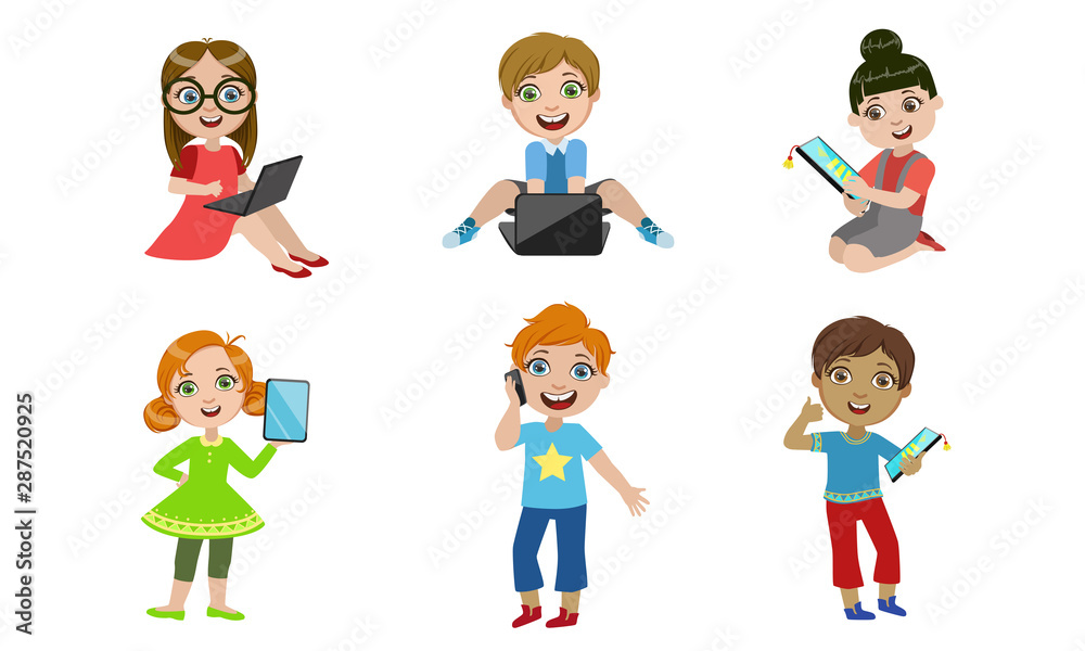 Kids with Gadgets Set, Smiling Boys and Girls Characters Using Tablet, Smartphone, Laptop Vector Illustration