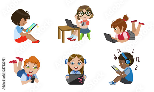 Kids with Gadgets Set, Smiling Boys and Girls Characters Using Tablet, Smartphone, Laptop, Media Player Vector Illustration