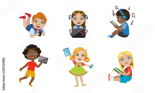 Kids with Gadgets Set, Cute Smiling Boys and Girls Characters Using Tablet, Smartphone, Laptop, Media Player Vector Illustration