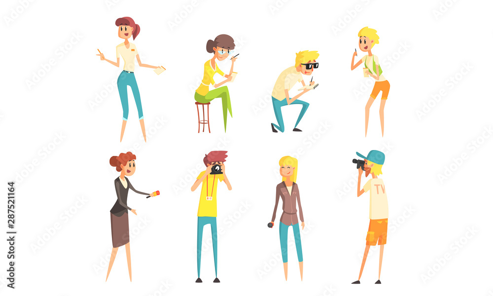 Professional Media People Set, Journalists and Photographers Characters at Work Vector Illustration