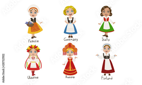 Kids in Traditional Costumes Set, France, Germany, Italy, Ukraine, Russia, Finland Vector Illustration