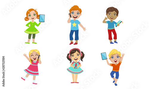 Kids with Gadgets Set, Cute Smiling Boys and Girls Characters Using Tablet, Smartphone, , Media Player Vector Illustration