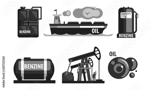 Oil Industry Production Set, Gasoline Processing Symbols Flat Vector Illustration