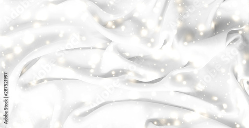 Magiczne wakacje białe miękkie jedwabne płaskie tekstury tła ze świecącym śniegiem, luksusowe piękno abstrakcyjne tło