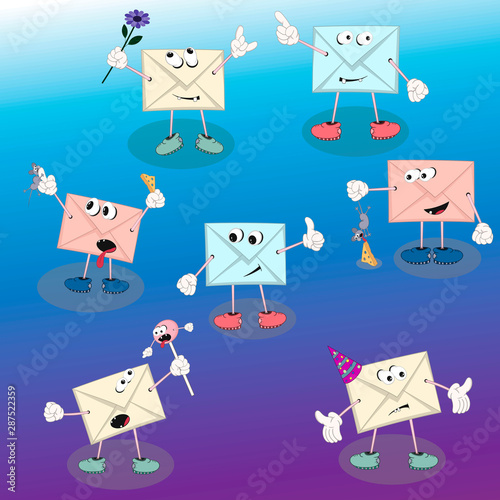 set of vector cartoon characters envelope with eyes on a blue background for design