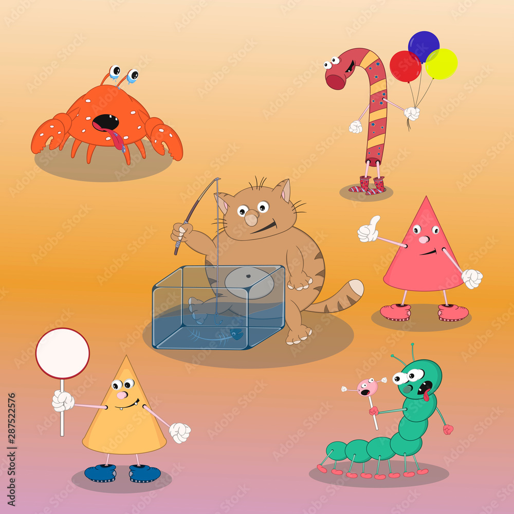 set of vector cartoon characters candy, crab, cat, cone, caterpillar show  different emotions on a colored background. Stock Vector | Adobe Stock