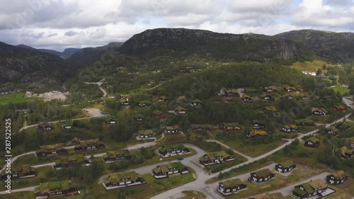 Aerial footage of Suleskard Fjellsenter cabins in mountains Sirdal Municipality, Norway photo