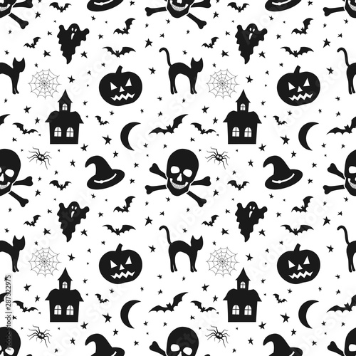 Watercolor hand drawn Halloween seamless pattern, Scary Party repeat paper,  Black cat, bat, moon print, Black Gothic background. scrapbook paper Stock  Photo - Alamy