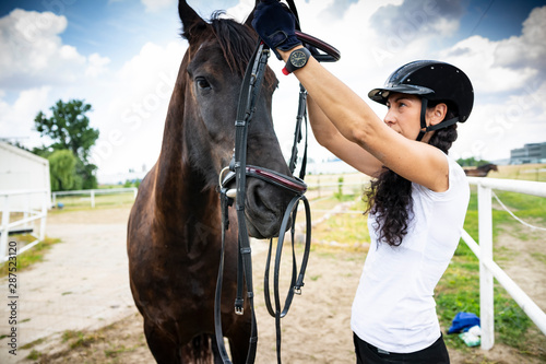 Saddling a horse. The woman puts the harness on the horse's head.