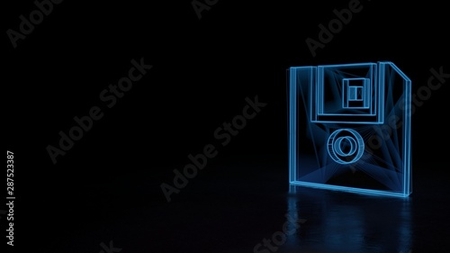3d glowing wireframe symbol of symbol of diskette isolated on black background
