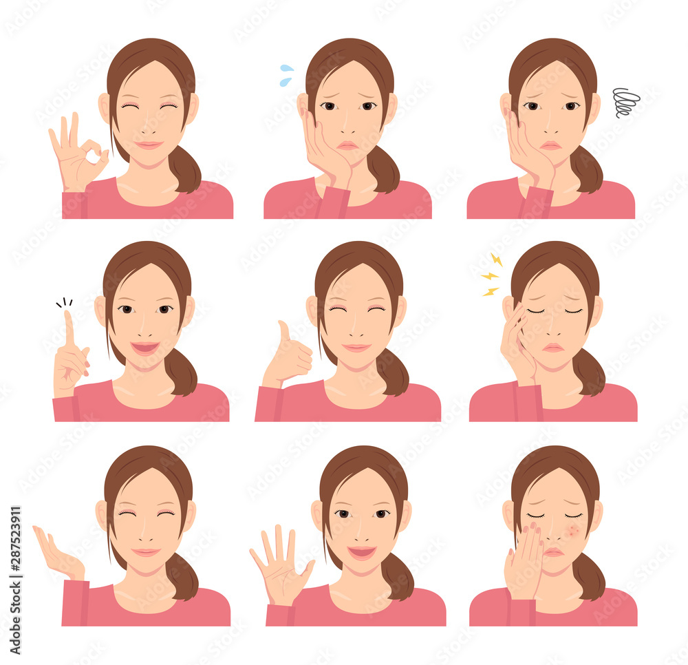 Young woman vector illustration set / hand gesture and emotional face variation. Young woman vector illustration set / hand gesture and emotional face variation.