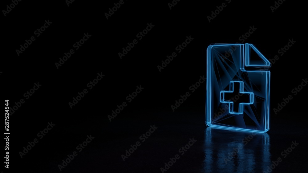 3d glowing wireframe symbol of symbol of file medical isolated on black background