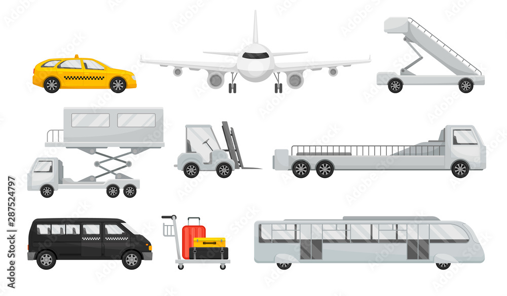 Set of transport for airport service. Vector illustration on a white background. Set of transport for airport service. Vector illustration on a white background.