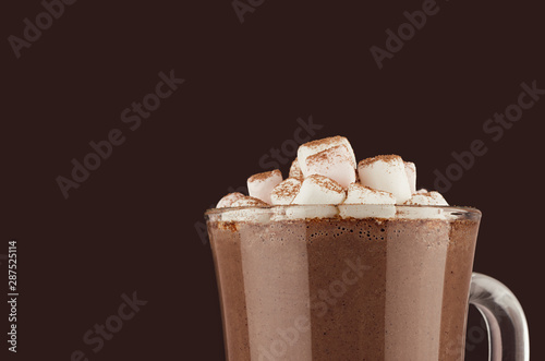 Obraz na plátně Winter hot chocolate cocoa drink with marshmallows and cocoa powder closeup in glass mug on dark brown background, cozy holiday beverage with copy space