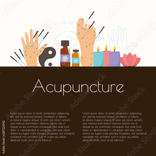 vector template alternative medicine, acupuncture. hand, foot, needles, candles, oil, lotus.  use web site, flyers, design business card.