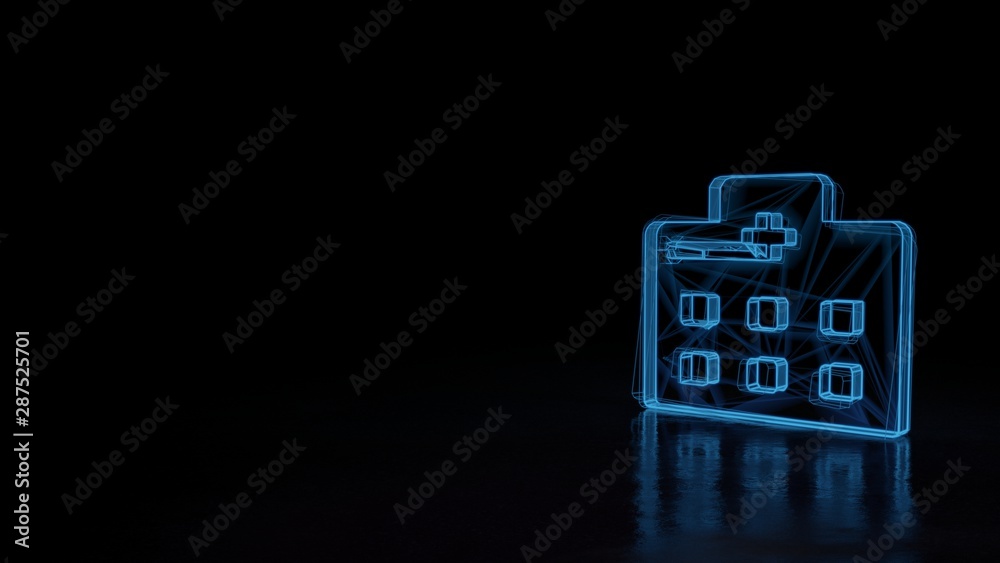 3d glowing wireframe symbol of symbol of hospital  isolated on black background
