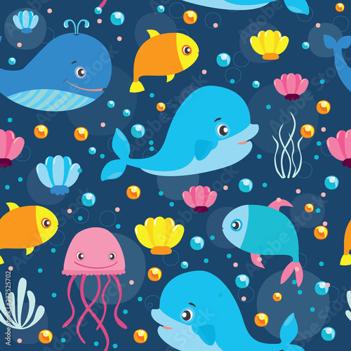 Explore the world. Vector seamless pattern with sea inhabitants. underwater fish. Dolphin, jellyfish, whales, shells, for children's wallpaper, packaging, design, textiles, fabrics, travel company