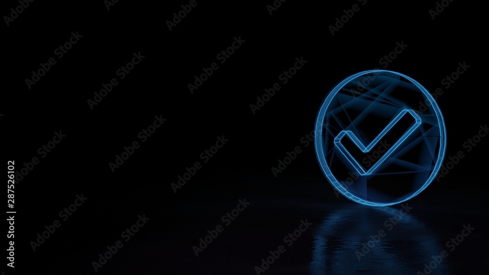 3d glowing wireframe symbol of symbol of check circle isolated on black background