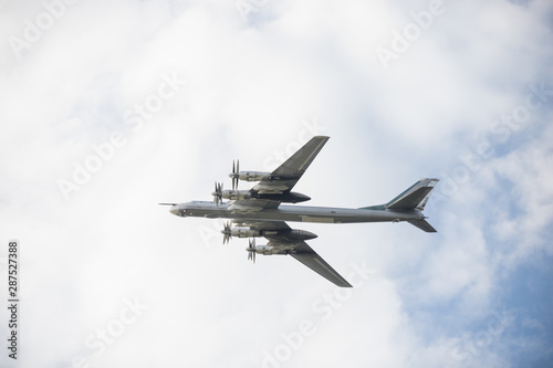 Military long range bomber aircraft flying in the sky