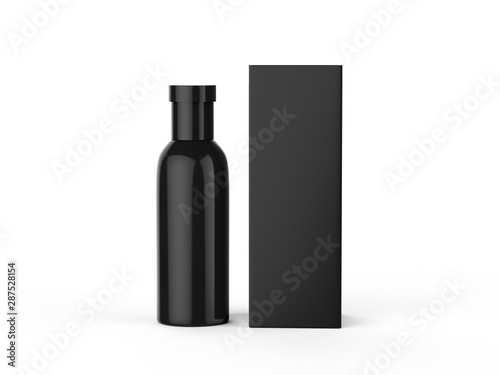 Perfume bottle and black packaging box mock up template on isolated white background, 3d illustration