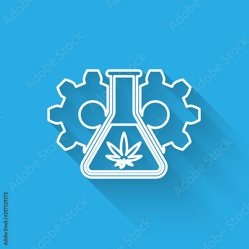White line Chemical test tube with marijuana or cannabis leaf icon isolated with long shadow. Research concept. Laboratory CBD oil concept. Vector Illustration