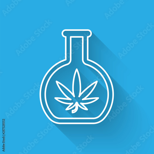 White line Chemical test tube with marijuana or cannabis leaf icon isolated with long shadow. Research concept. Laboratory CBD oil concept. Vector Illustration