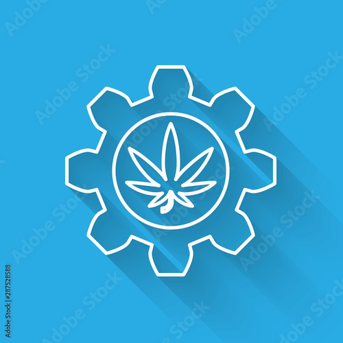 White line Chemical test tube with marijuana or cannabis leaf icon isolated with long shadow. Research concept. Laboratory CBD oil concept. Vector Illustration