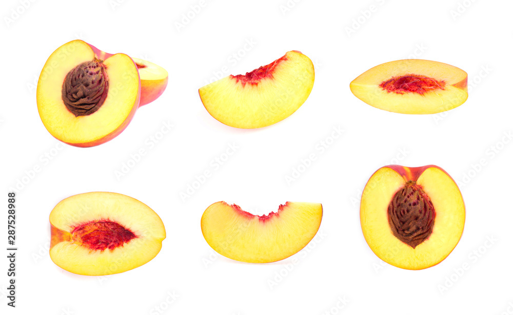 Collection of cut peach fruits isolated on white background Collection of cut peach fruits isolated on white background