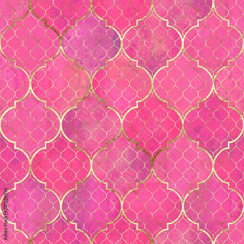 Watercolor abstract geometric seamless pattern. Arab tiles. Kaleidoscope effect. Watercolor mosaic