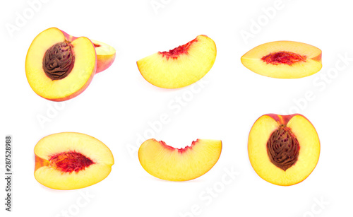 Collection of cut peach fruits isolated on white background